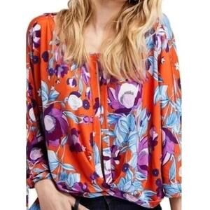 Free People Keepin' On Medium orange purple & blue floral shirt